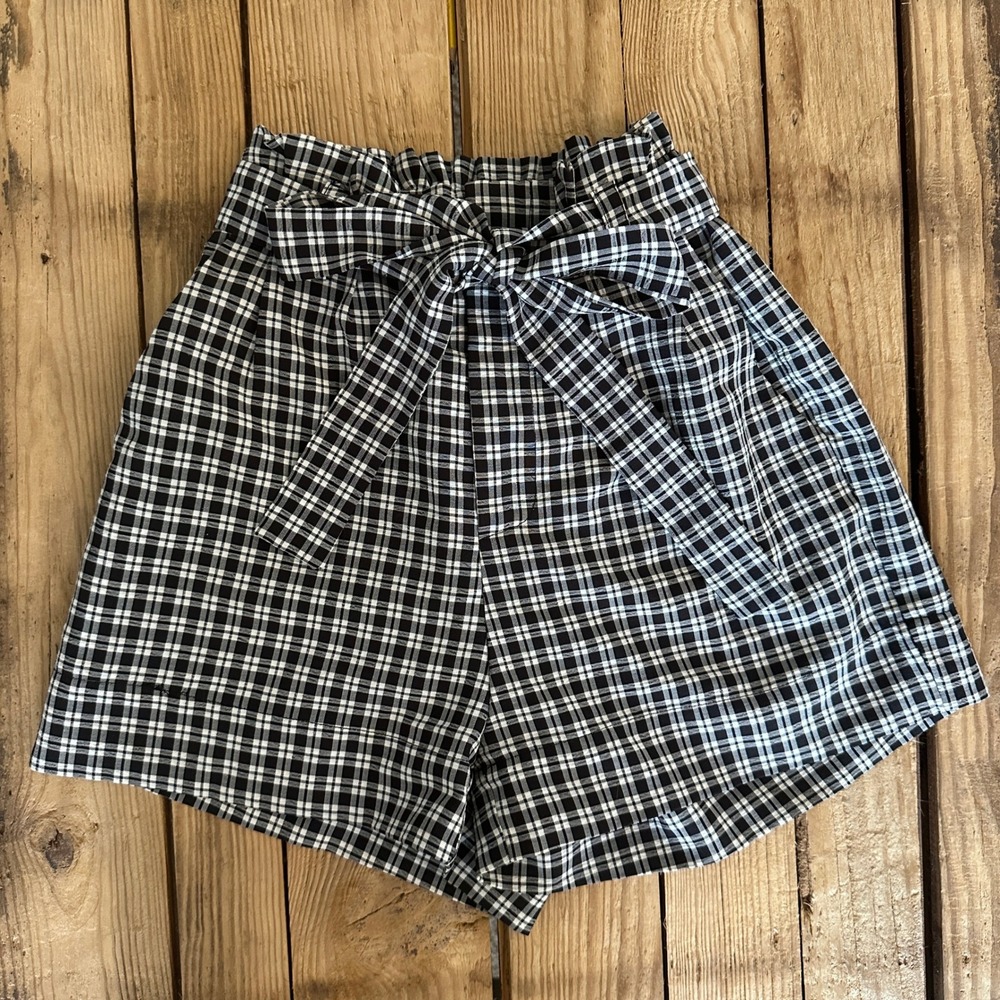 Lottie Moss Black White Gingham Plaid Paperbag Waist Shorts Tie Belt XS